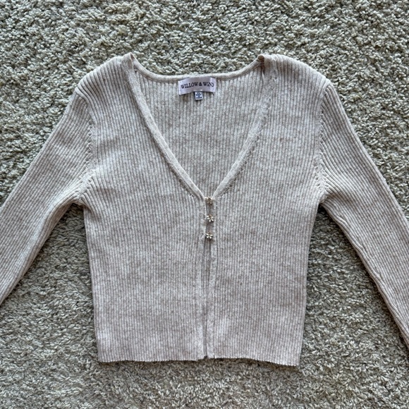 Willow & Wind Sweaters - Ribbed Knit Tan Cardigan Soft Girl Coquette Floral Button Balletcore Neutral XS